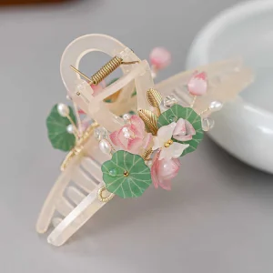 Traditional Chinese Lotus Hair Clip Women's Large Shark Clip