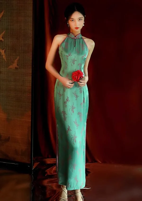 Emerald Floral | Green Satin Cheongsam Dress