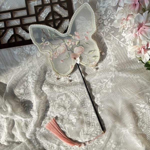 Pearl-Edged Embroidered Peach Blossom Butterfly Fan Frame