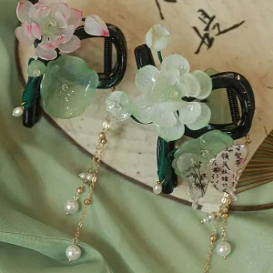 Shark clip|Chinese-Style Elegant Lotus Flower Tassel Hair Clip