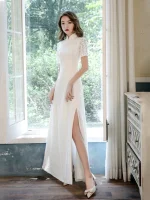 Chinese Cheongsam (Qipao)-Inspired White Lace Wedding Dress