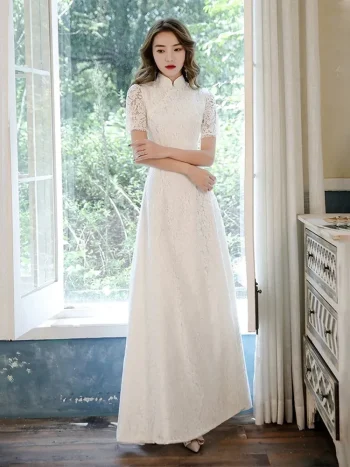 Chinese Cheongsam (Qipao)-Inspired White Lace Wedding Dress