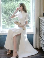Chinese Cheongsam (Qipao)-Inspired White Lace Wedding Dress