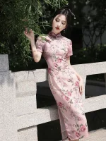 Long Pink Cheongsam (Qipao) Dress