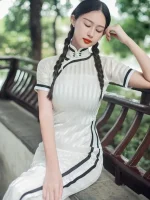 Old Shanghai Style White Striped Cheongsam (Qipao) Dress