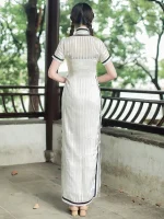 Old Shanghai Style White Striped Cheongsam (Qipao) Dress