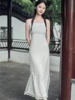 Old Shanghai Style White Striped Cheongsam (Qipao) Dress