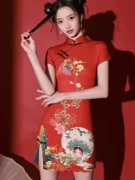Short Sleeveless Red Cheongsam Dress