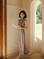 1960s Retro Stripe Silk Qipao