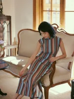 1960s Retro Stripe Silk Qipao