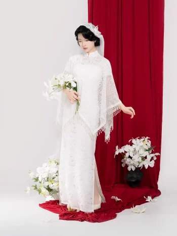 Chinese White Lace Wedding Cheongsam Dress