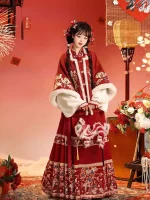 Thick Red Ming Dynasty Aoqun Hanfu Suit for Chinese New Yea