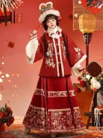 Thick Red Ming Dynasty Aoqun Hanfu Suit for Chinese New Yea