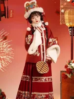 Thick Red Ming Dynasty Aoqun Hanfu Suit for Chinese New Yea