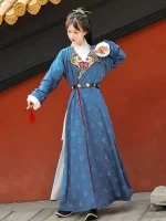 Chinese Tang Dynasty Hanfu: Dark Blue Winter Pao Dress