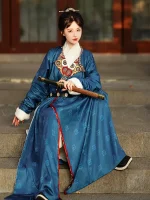 Chinese Tang Dynasty Hanfu: Dark Blue Winter Pao Dress