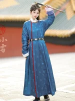 Chinese Tang Dynasty Hanfu: Dark Blue Winter Pao Dress