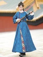Chinese Tang Dynasty Hanfu: Dark Blue Winter Pao Dress