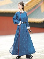 Chinese Tang Dynasty Hanfu: Dark Blue Winter Pao Dress