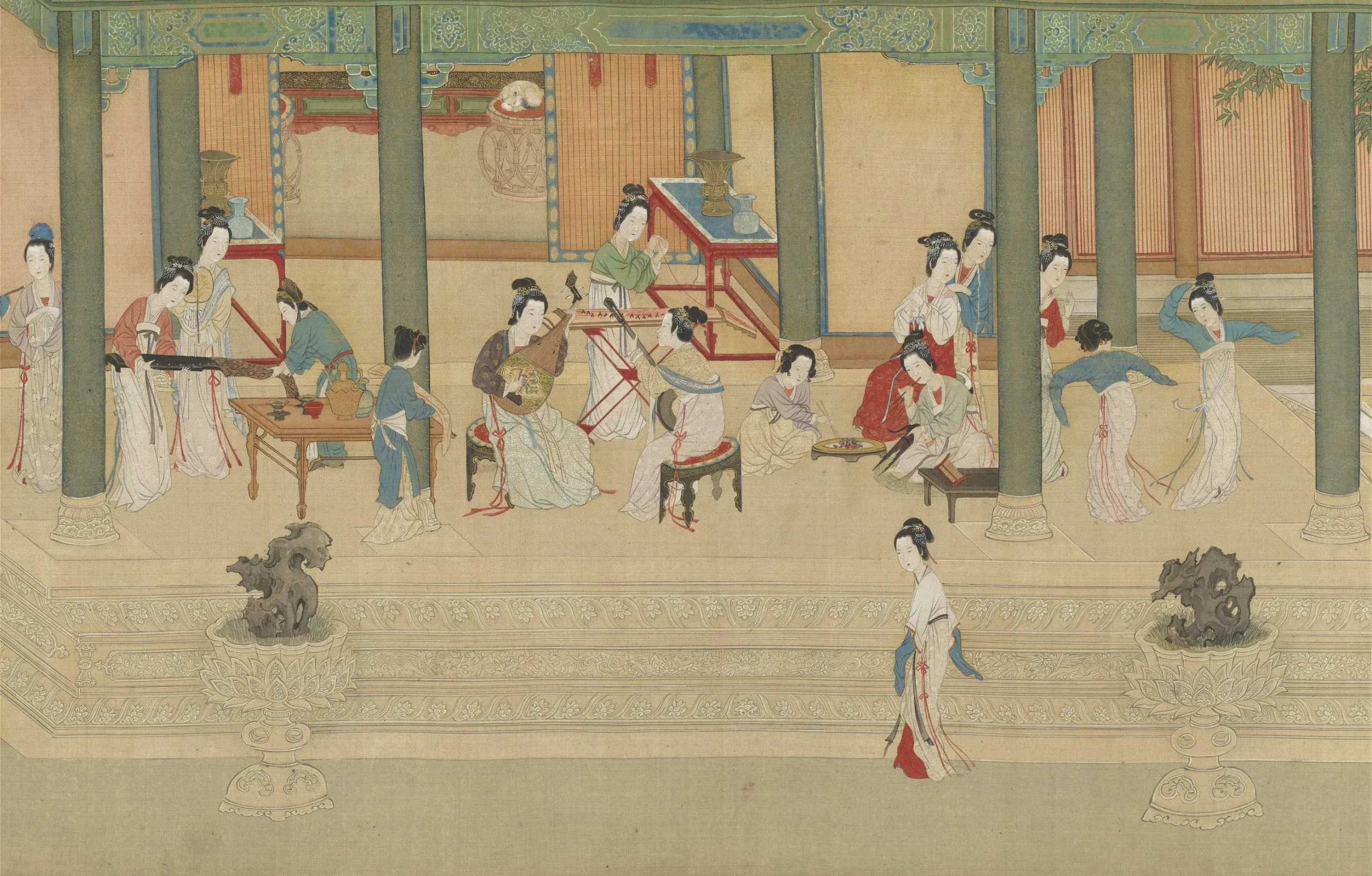 Traditional Chinese historical painting showcasing elegant ladies in authentic Hanfu performing music, needlework and dance in a classical courtyard, illustrating the beauty of ancient Chinese clothing culture and lifestyle for Hanfu Tale