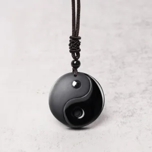 Black Obsidian Taoism Necklace Pendant with Yin Yang