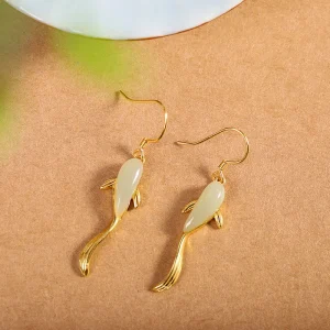 Fish Pattern Jade Luck Dangle Drop Earrings