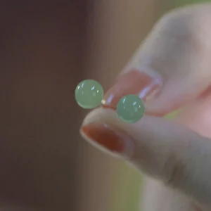 Natural Round Jade Beads Good Luck Stud Earrings
