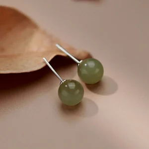 Natural Round Jade Beads Good Luck Stud Earrings