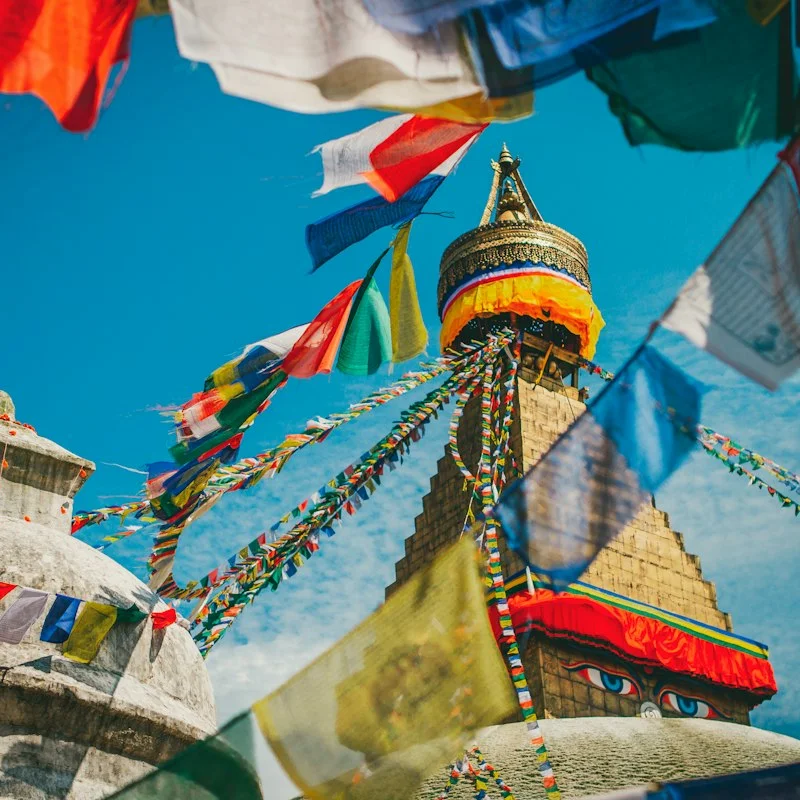 Boudhanath stupa and prayer flags in Tibet