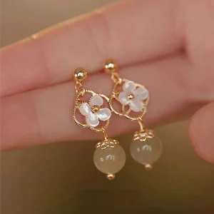 Tridacna Stone Jade Drop Earrings Symbolizes Prosperity & Peace