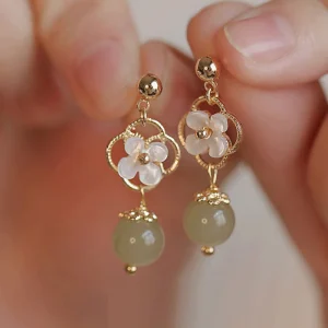 Tridacna Stone Jade Drop Earrings Symbolizes Prosperity & Peace
