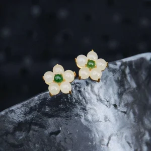 White Jade Carved Flower Lucky Earrings