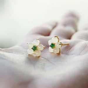 White Jade Carved Flower Lucky Earrings