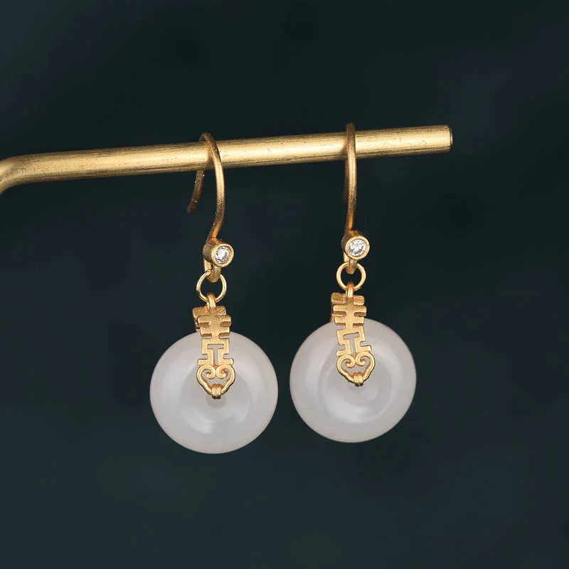 White Jade Double Happiness Blessing Fortune Earrings
