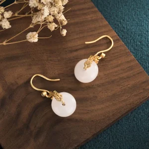 White Jade Double Happiness Blessing Fortune Earrings