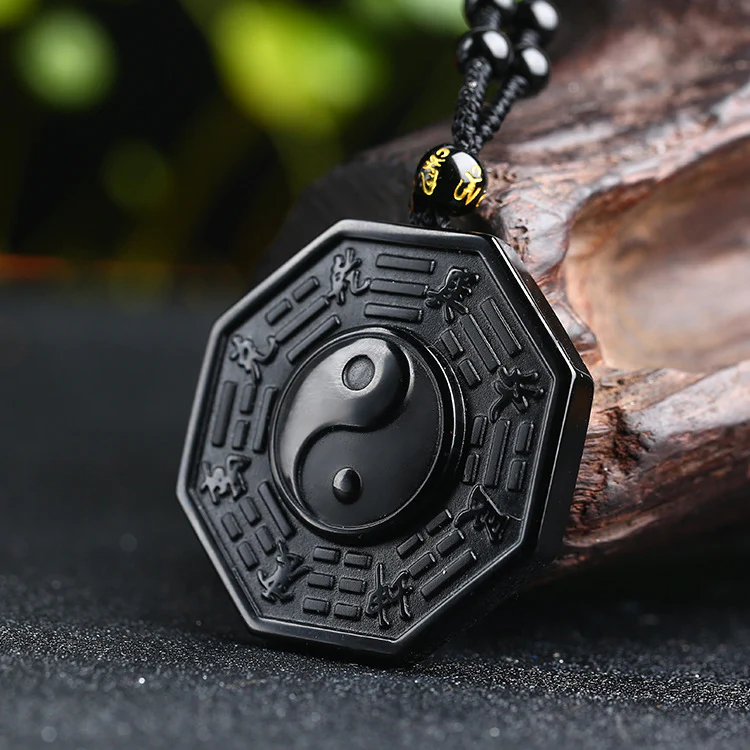 Black obsidian bagua yin yang pendant